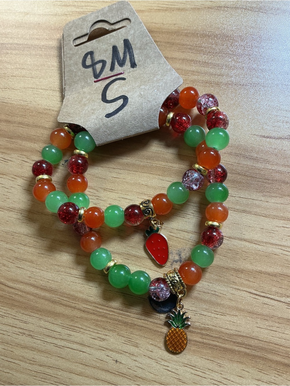 Fruit Charm Beaded Bracelet Set - Red, Green, Orange